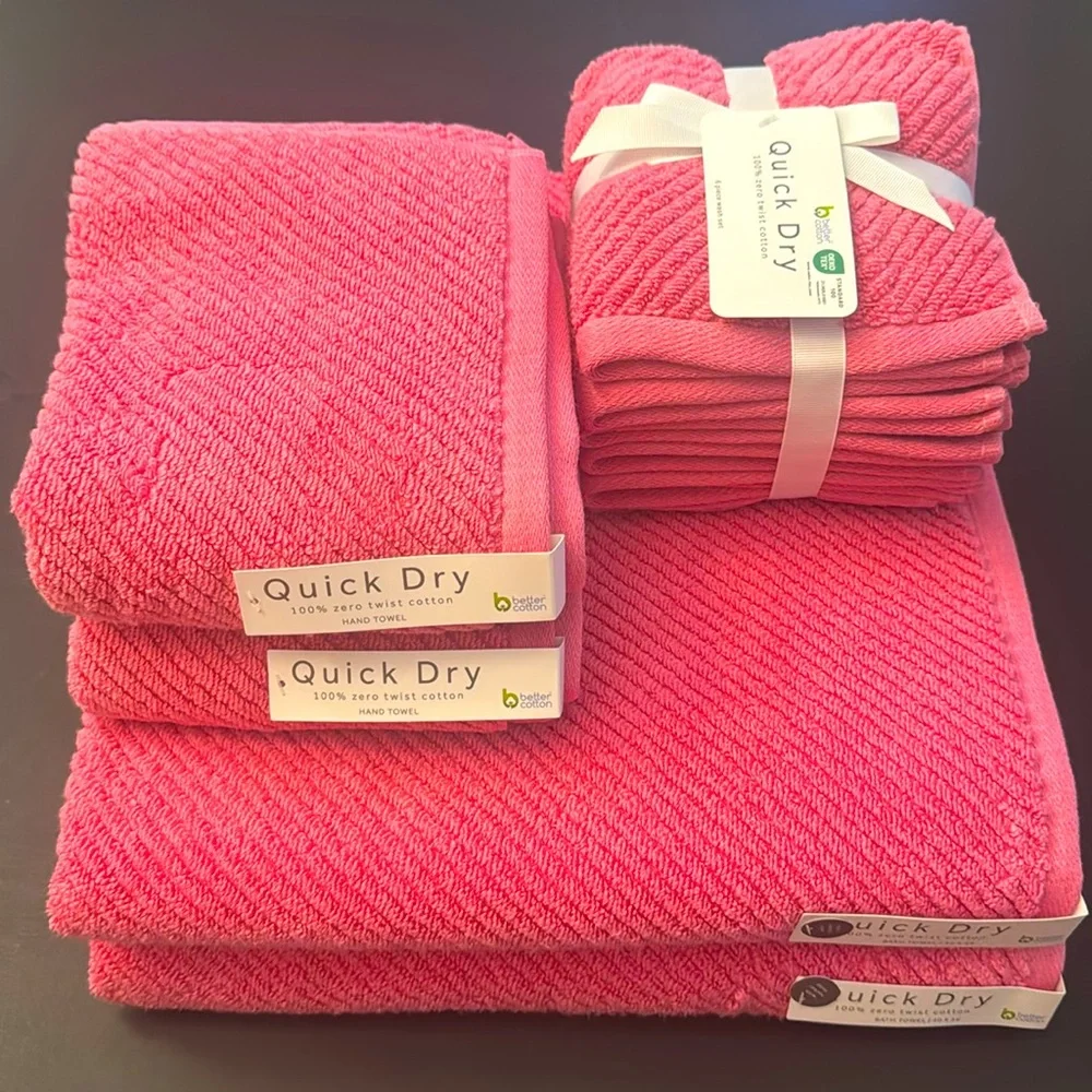💥10pc QUICK DRY 100% Cotton Zero Twist Cotton Bath Towel Set - Shocking Pink